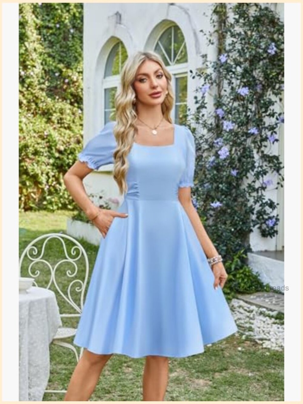 Vintage Square Neck Midi Dress with Puff Sleeves Ruched Waist Smocked Back - Picture 2 of 7